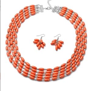STAINLESS STEEL ORANGE HOWLITE NECKLACE AND EARRING SET